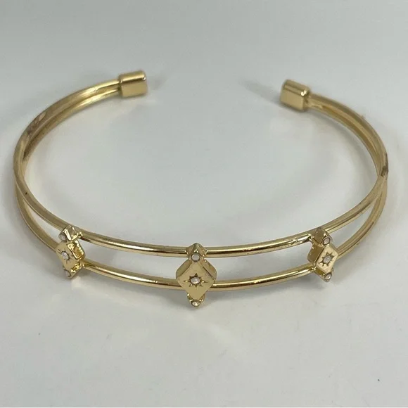 Stunning Gold Tone Whit Rhinestone Dainty Open Cuff Bangle Bracelet Cute Elegant - Picture 3 of 5
